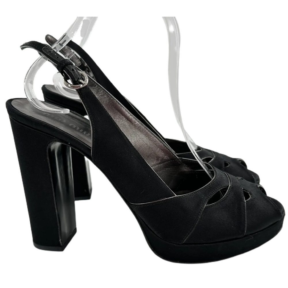 Miu Miu heels 40 black satin sling back chunky platforms vintage y2k formal